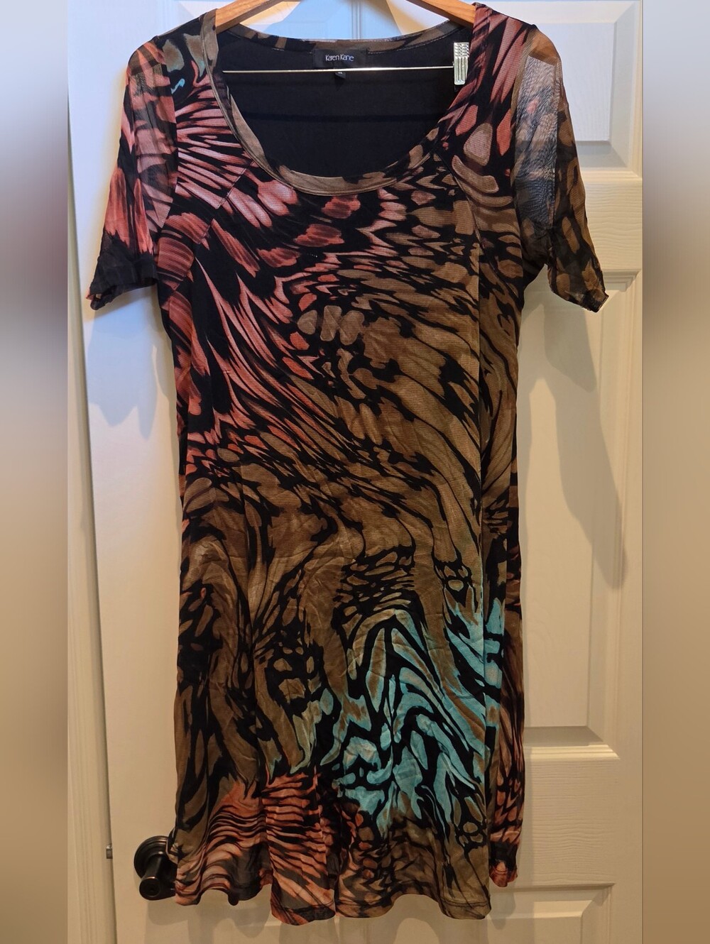 Karen Kane Black Fine Mesh Print Mini Dress With Turquoise, Coral, Tan